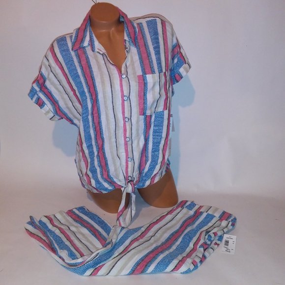 Caffe Marrakesh Set Medium Tie Front Top Capri Pink Blue White Linen Ble…‎ - Picture 1 of 12